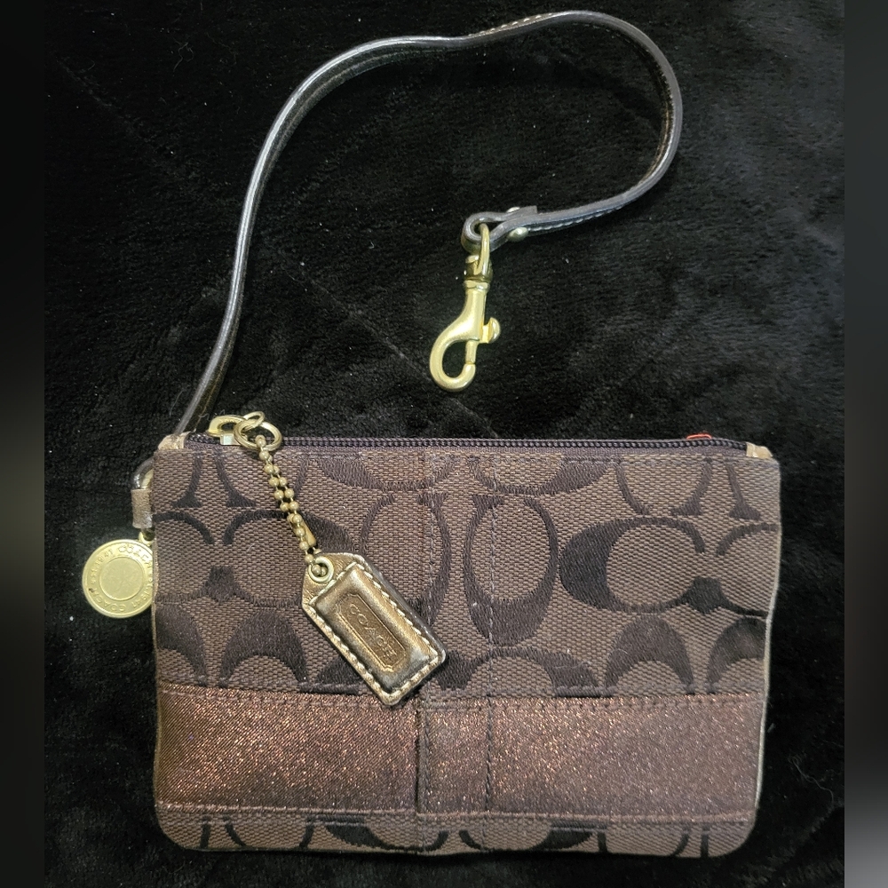 Brown Coach Wristlet With Gold Accents